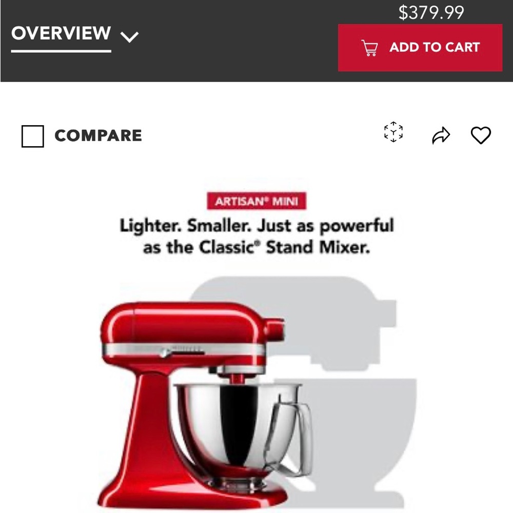 Kitchen-aid artisan 3.5 mini mixer, candy apple red.